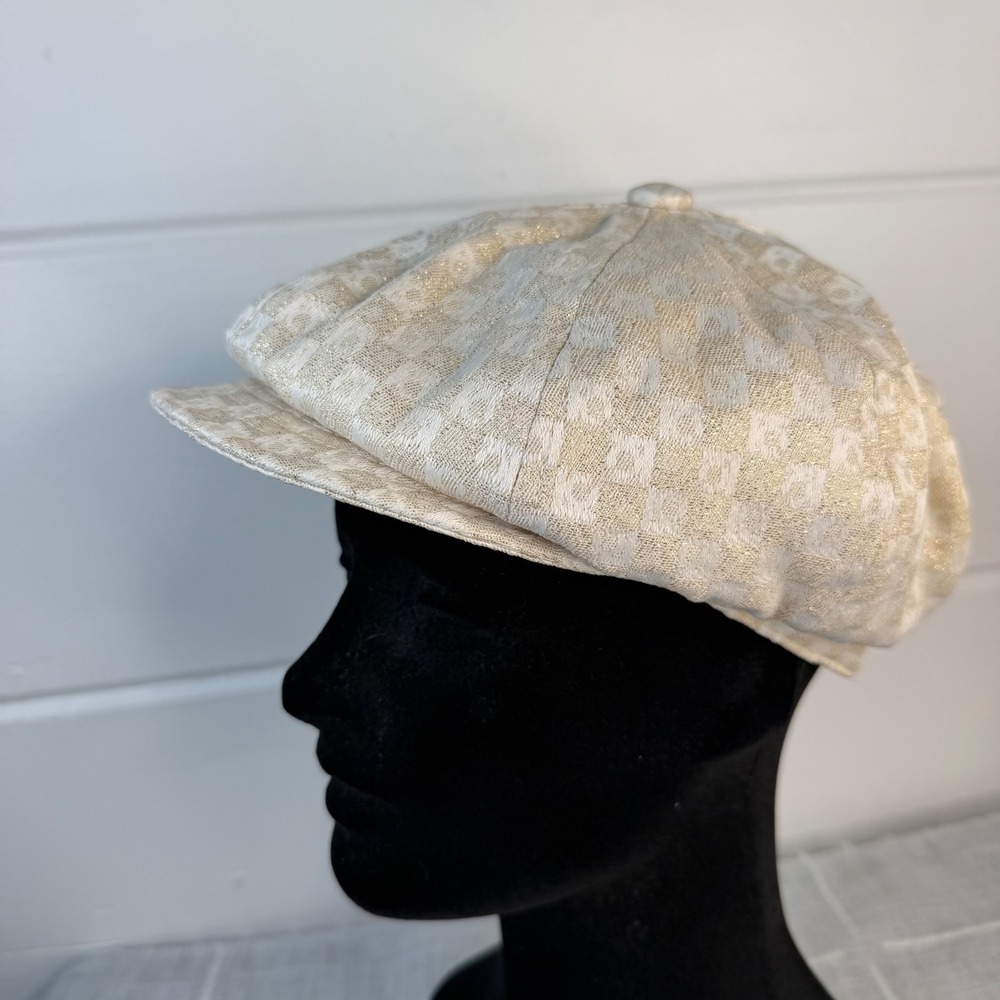 Liz Claiborne Womens Newsboy Cap Cream Gold Metallic Checker Baker Boy Hat Y2K